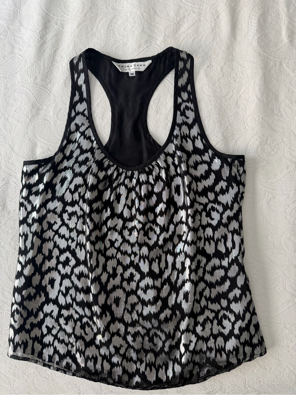 Trina Turk Silk Black and Silver Leopard Print Racerback Tank